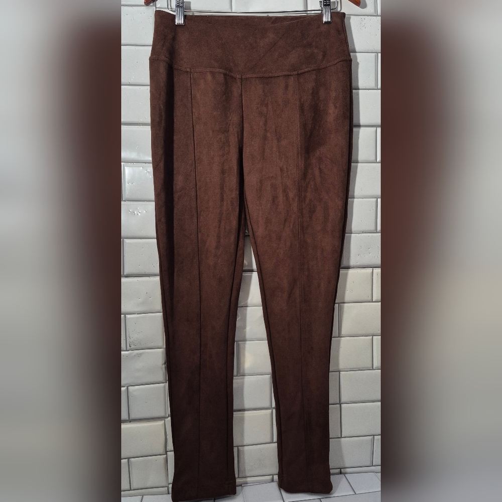 Serra Ladies Brown Faux Suede Pull On Skinny Pant Wide Waistband Front Seam Deta